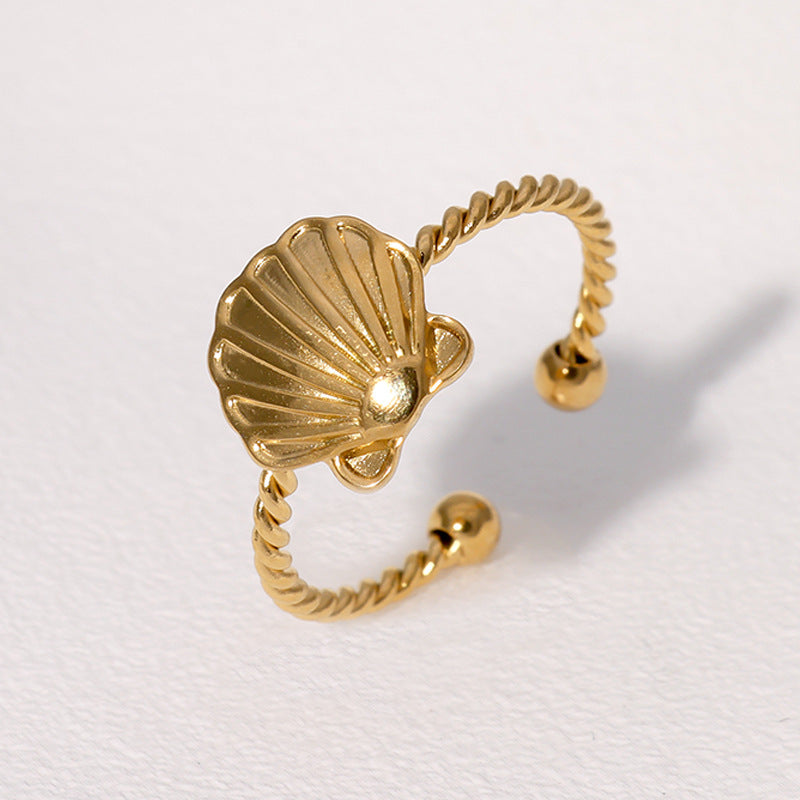 Anello da donna in acciaio inossidabile a forma di conchiglia placcato oro 18 carati, con fascia aperta regolabile