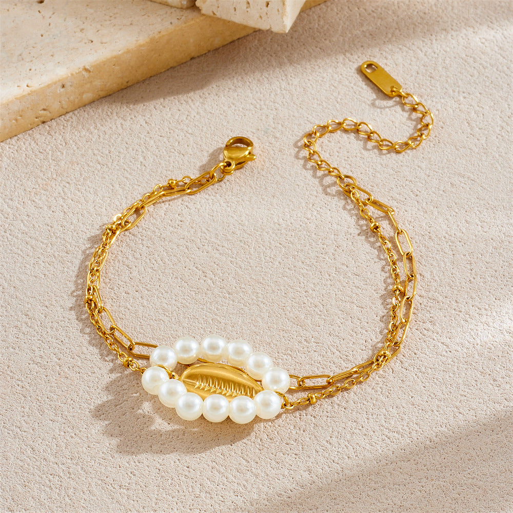 Vintage Minimalist Elegant Gold Plated Geometric Oval Round Faux Pearl Knot Bracelet