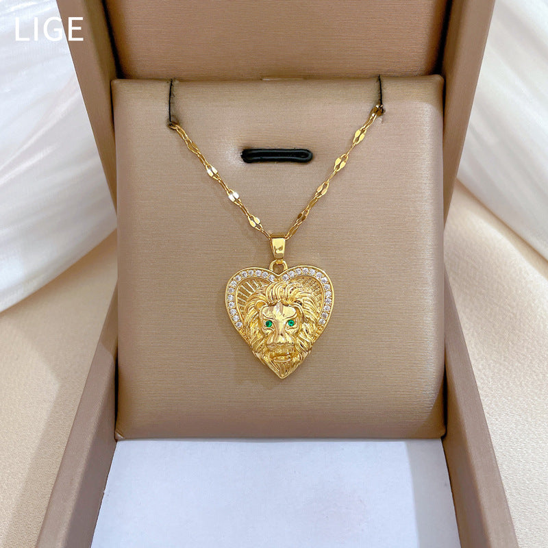 Minimalist Heart Lion Zirconia-Encrusted Stainless Steel Necklace for Women with Delicate Clavicle Chain