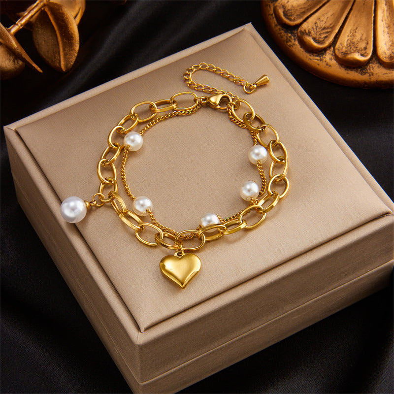 Minimalist Retro French-Style Stainless Steel Heart Pendant Multi-Layer Chain Bracelet with Plated Finish