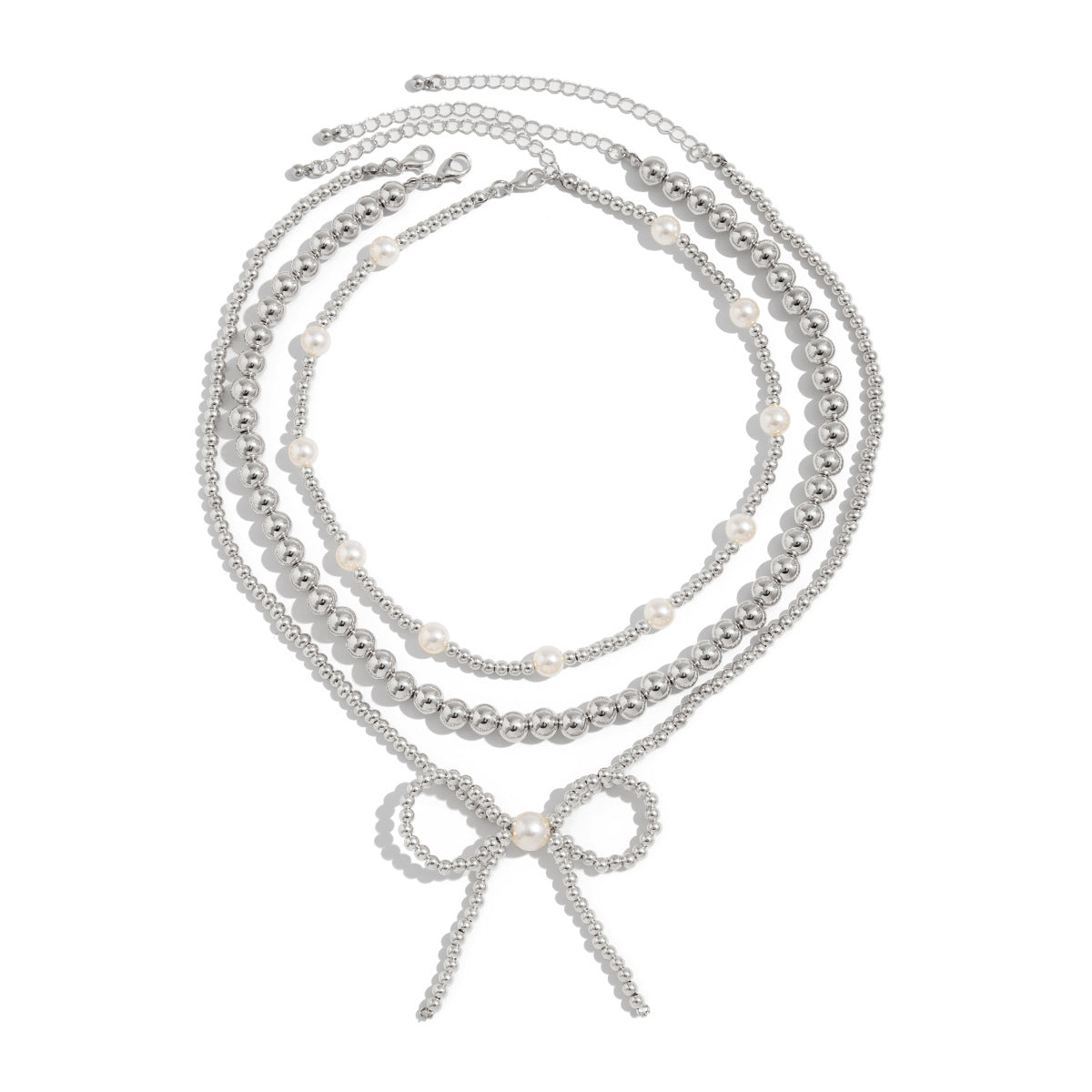 Collana da donna minimalista a forma di fiocco con perle finte e CCB, catena a sfere con perline e design multistrato