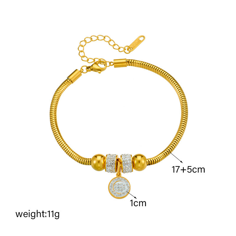 Fashionable Vintage Titanium Steel Beaded Round Pendant Bracelet with Rhinestone Inlay and Plated Finish