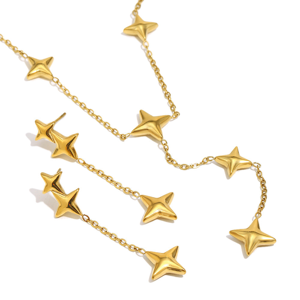 Minimalist Geometric Four-Pointed Star Pendant Necklace with Stainless Steel Chain and 18K Gold Plating for Women
