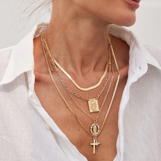 Hip-hop Geometric Cross Alloy Pendant Necklace with Rhinestone Inlay and Tassel Snake Chain for Unisex