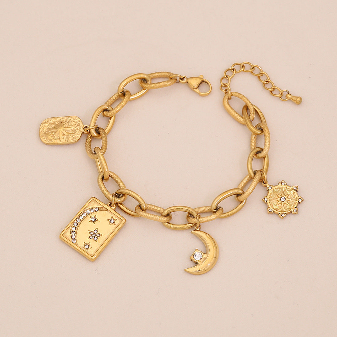 Bracciale in acciaio inossidabile a stella e luna geometriche con finitura galvanica da donna