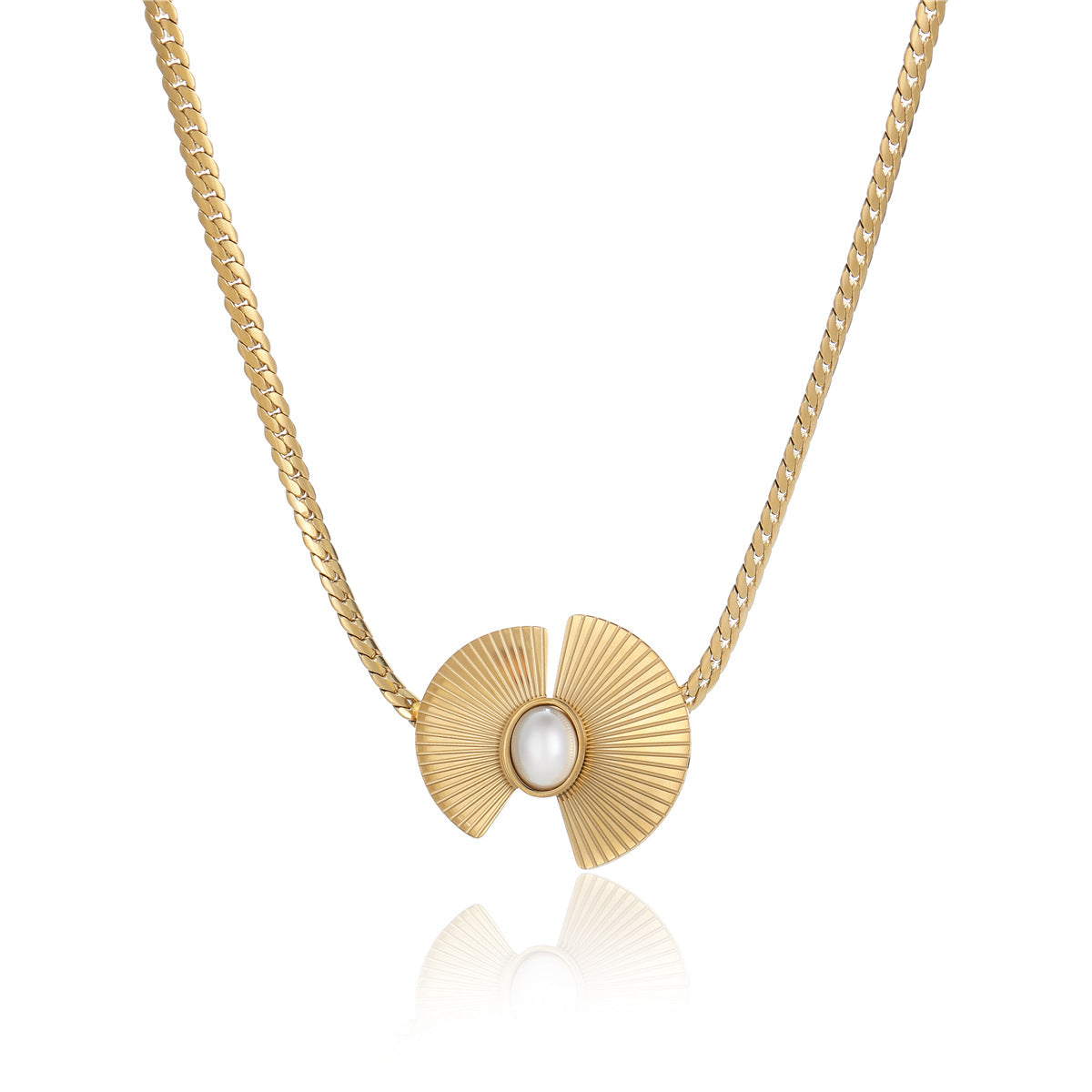 Collar con Colgante Asimétrico de Acero Inoxidable con Forma de Abanico y Detalles de Perlas para Mujer, Cadena Minimalista Galvanizada a la Clavícula