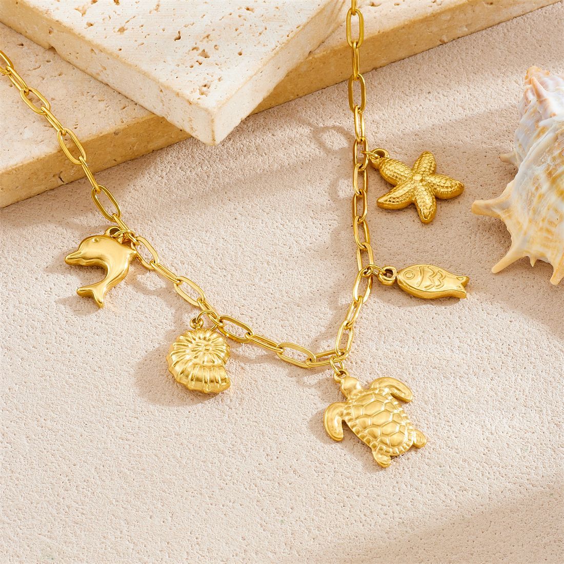 Luxury Casual Gold Plated Animal Stainless Steel Necklace Curb Chain Turtle Starfish Pendant for Women