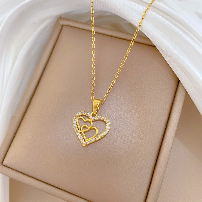 Sweet Minimalist Heart Geometric Rhinestone Titanium Steel Necklace for Unisex