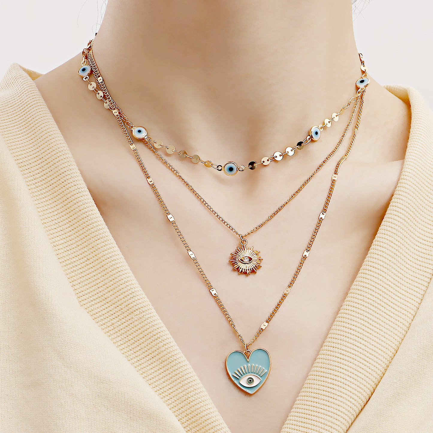 Minimalist Evil Eye Pendant Necklace for Women with Geometric Alloy Design and Plated Finish