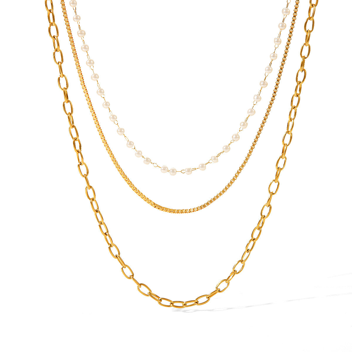 Trendy Geometric 18K Gold Plated Stainless Steel Triple Layer Pearl Necklace for Women