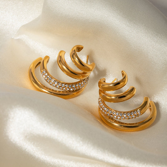 Minimalist Four-Layer C-Shaped Titanium Steel Earrings with 18K Gold Plating and White Rhinestone Accents for Women