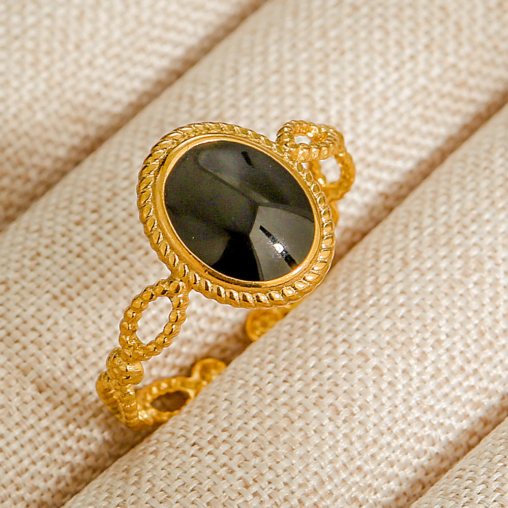 Vintage INS Style Stainless Steel Adjustable Ring with Natural Stone Inlay in Geometric Heart Zodiac and Animal Shapes