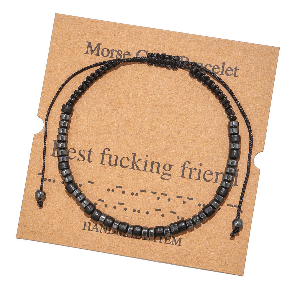 Geometric Morse Code Wood Bead Bracelet Unisex Handmade Braided Card