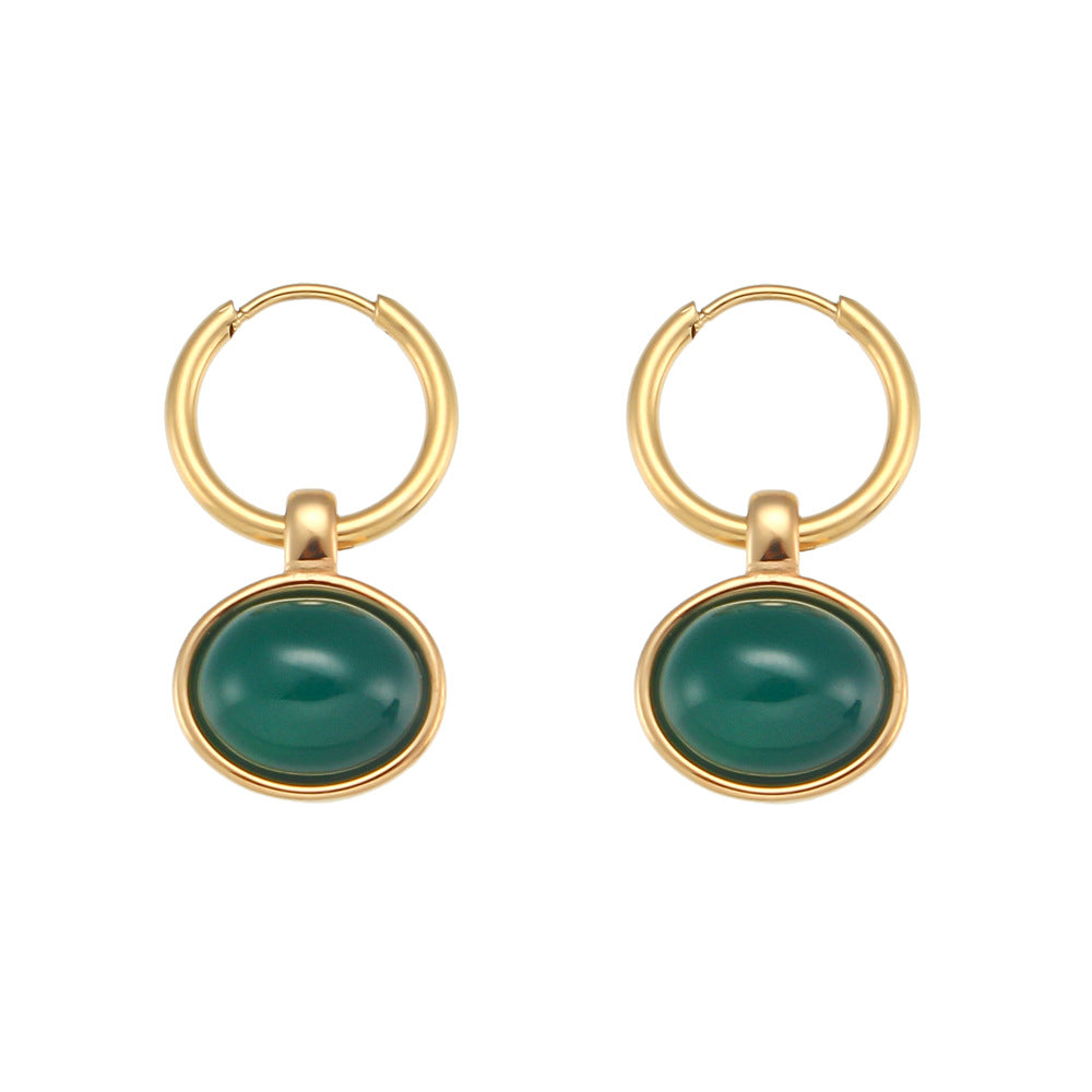 Vintage-Inspired Geometric Stainless Steel Earrings with 18K Gold Plating and Natural Sunstone Cat's Eye Accents for Women
