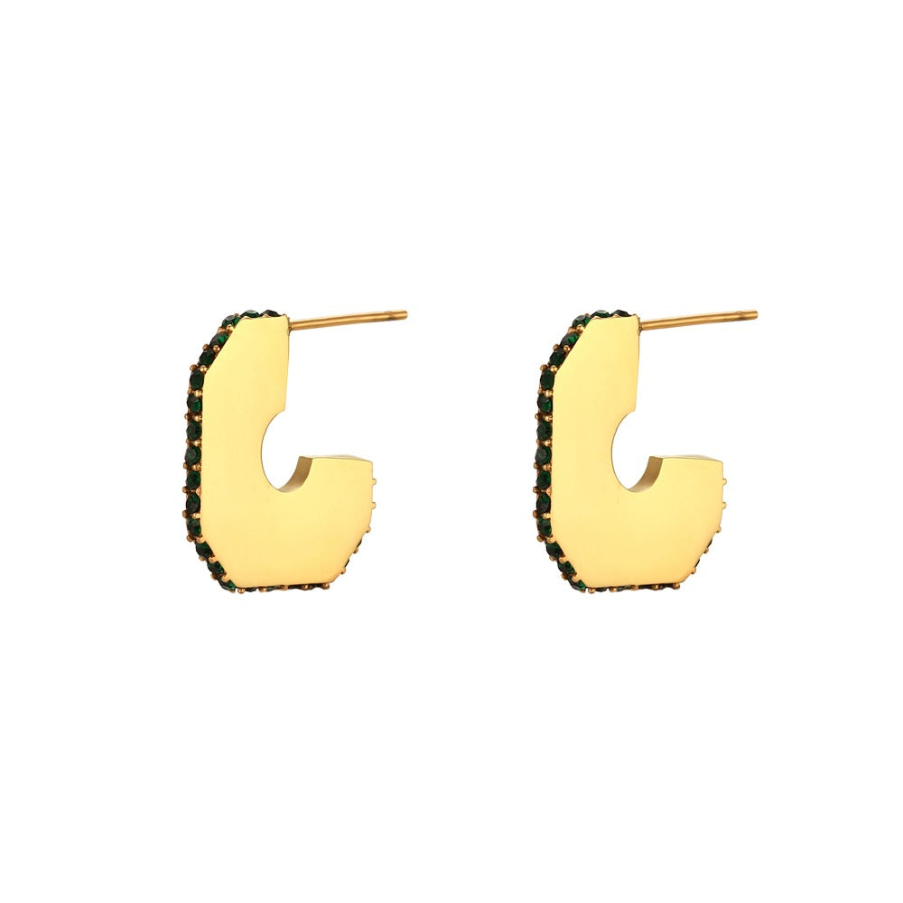 Orecchini geometrici in acciaio inossidabile alla moda con placcatura in oro 18 carati, design cavo a C micro-pavé da donna