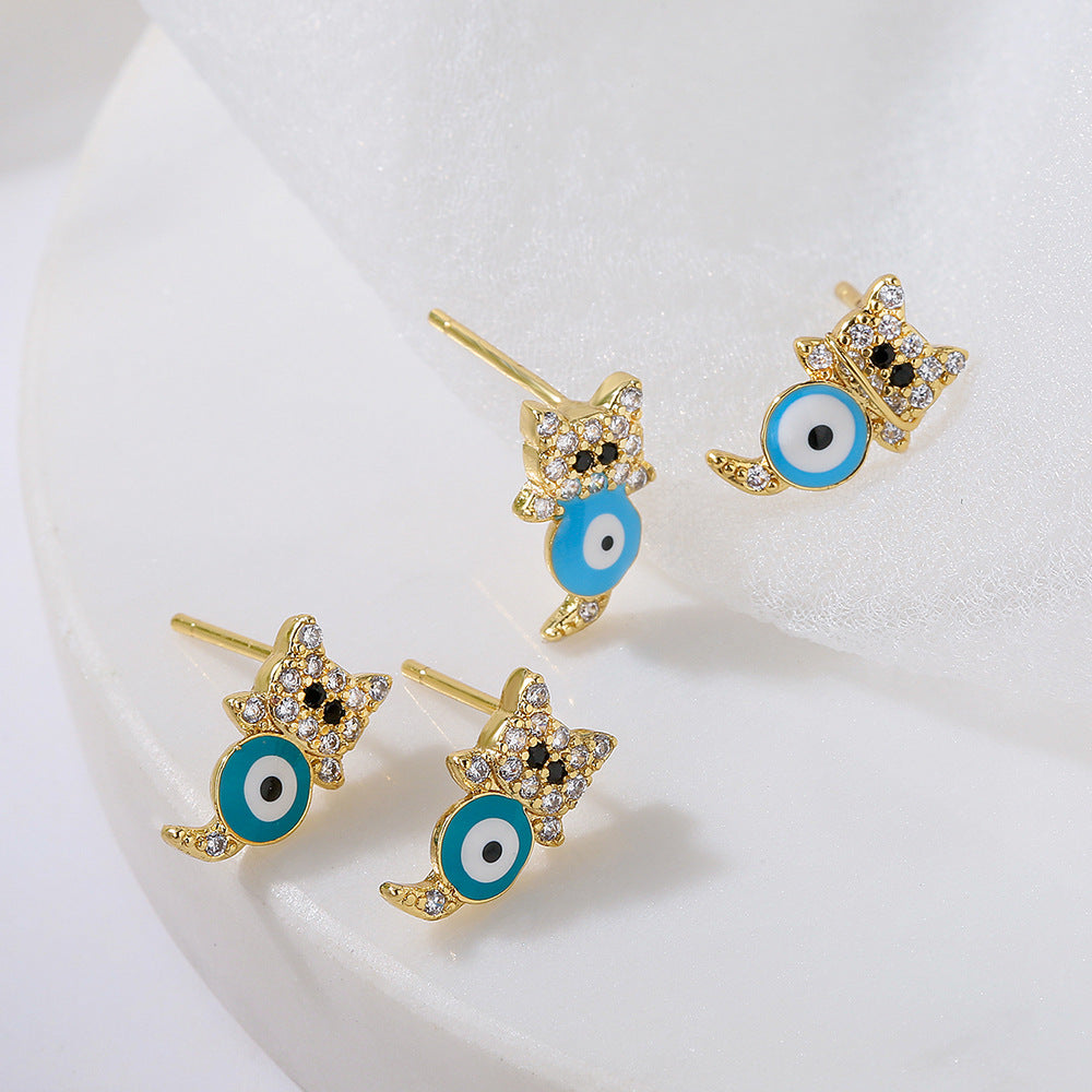 Orecchini geometrici da donna a forma di gatto, in rame con placcatura in oro 18K e finitura smaltata