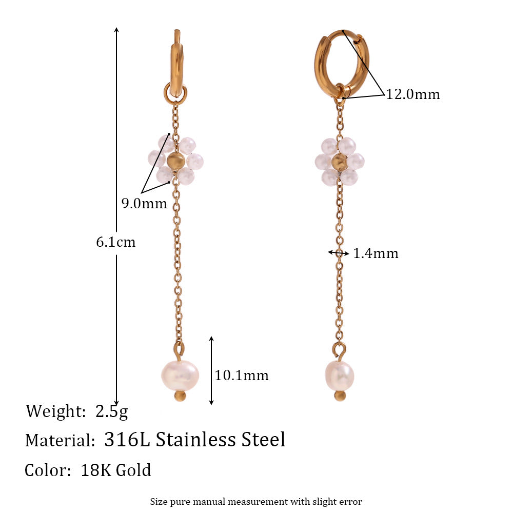 Minimalist Geometric Stainless Steel Ear Cuffs with 18K Gold Plating and Handcrafted Pearl Floral Chain Details for Women