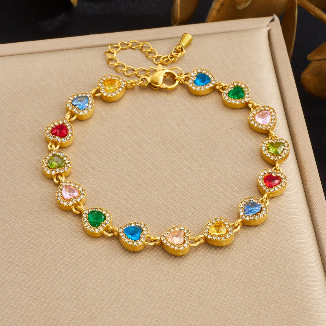Elegant Gold Plated Heart Oval Cubic Zirconia Stainless Steel Ball Chain Bracelet