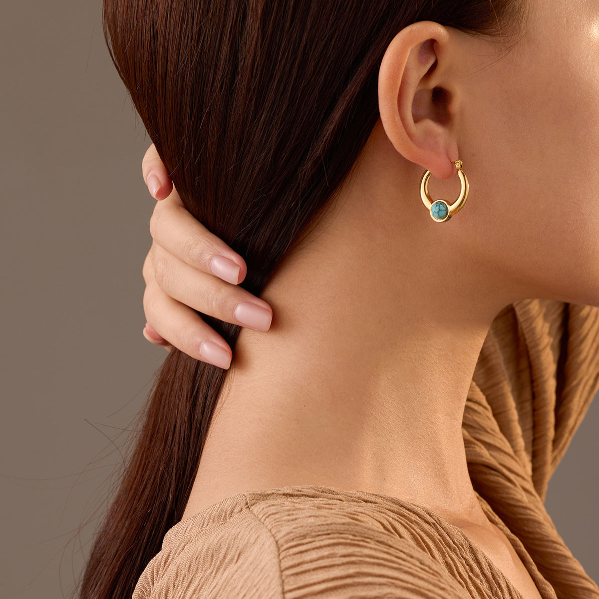 Vintage Style U-Shaped Titanium Steel Earrings with 18K Gold Plating and Natural Stone Inlay for Women