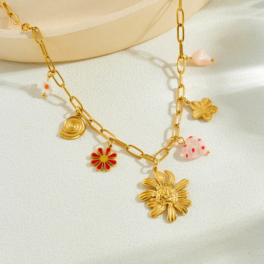 Casual Gold Plated Heart Floral Polka Dot Stainless Steel Necklace with Peony and Daisy Charms