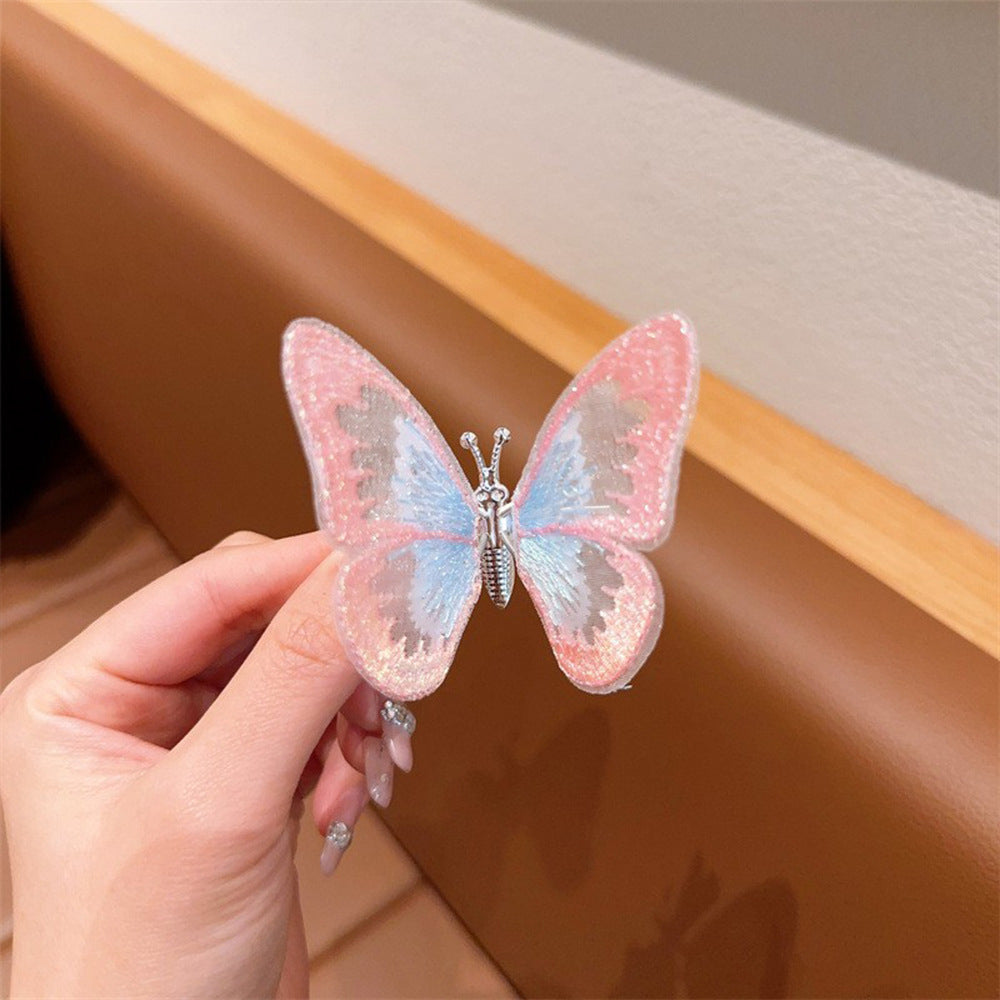 Fermaglio per capelli a farfalla dolce per bambini Fermaglio ricamato a mano in tessuto con ali mobili Accessorio laterale per capelli in stile principessa