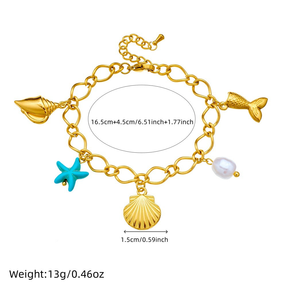 Fashionable Stainless Steel Pearl Sea Star Pendant Bracelet with 18K Gold Plating for Women