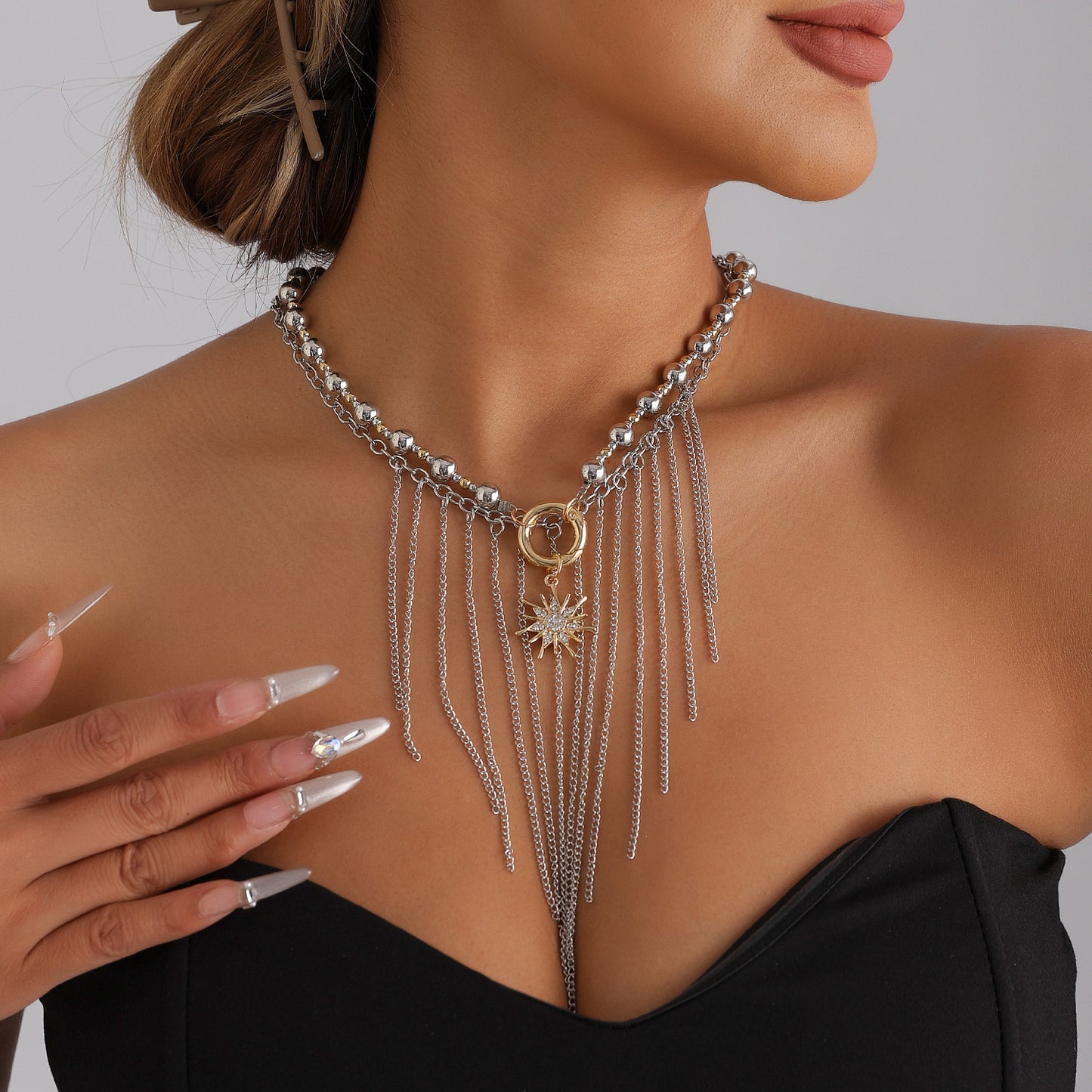 Luxury Geometric Round Beaded Sunflower Tassel Necklace Alloy Plated Multi-layer Chain for Women