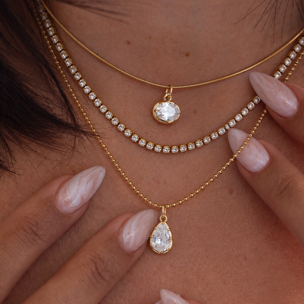 18K Gold Plated Stainless Steel Teardrop Cubic Zirconia Pendant Necklace for Women Layered Chain