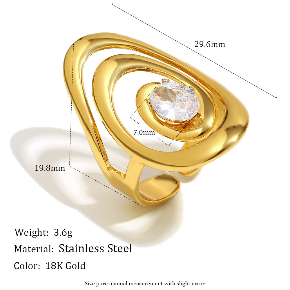 Anillo Minimalista Geométrico de Acero Inoxidable con Baño de Oro de 18K y Detalles Florales en Espiral de Circonita para Mujer