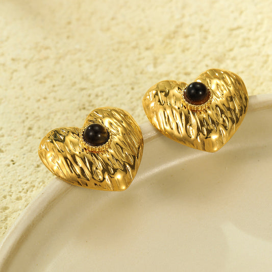Vintage Style Heart-Shaped Titanium Steel Earrings with Natural Stone Inlay and 18K Gold Plating