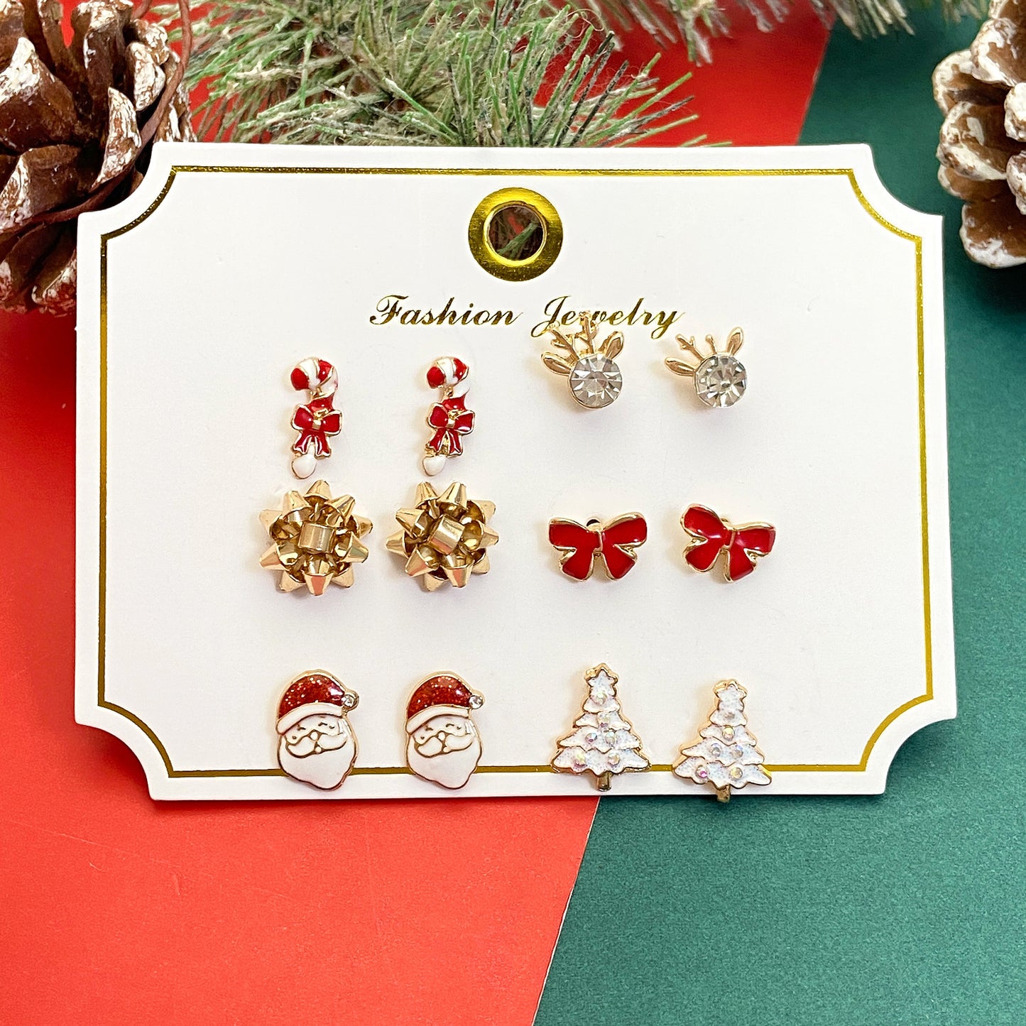 Christmas Elk and Santa Snowflake Earrings Set for Women Alloy Geometric Studs with Rhinestone Inlay Festive Holiday Jewelry