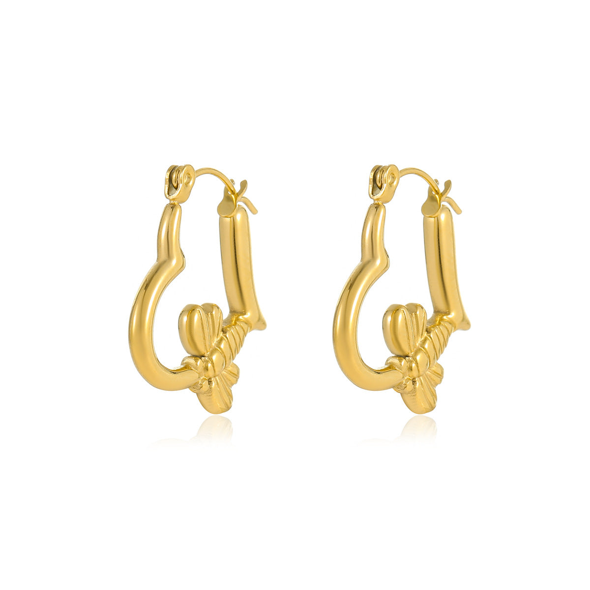 Orecchini da donna alla moda e minimalisti a forma di cuore e fiocco in acciaio al titanio placcati in oro 18 carati