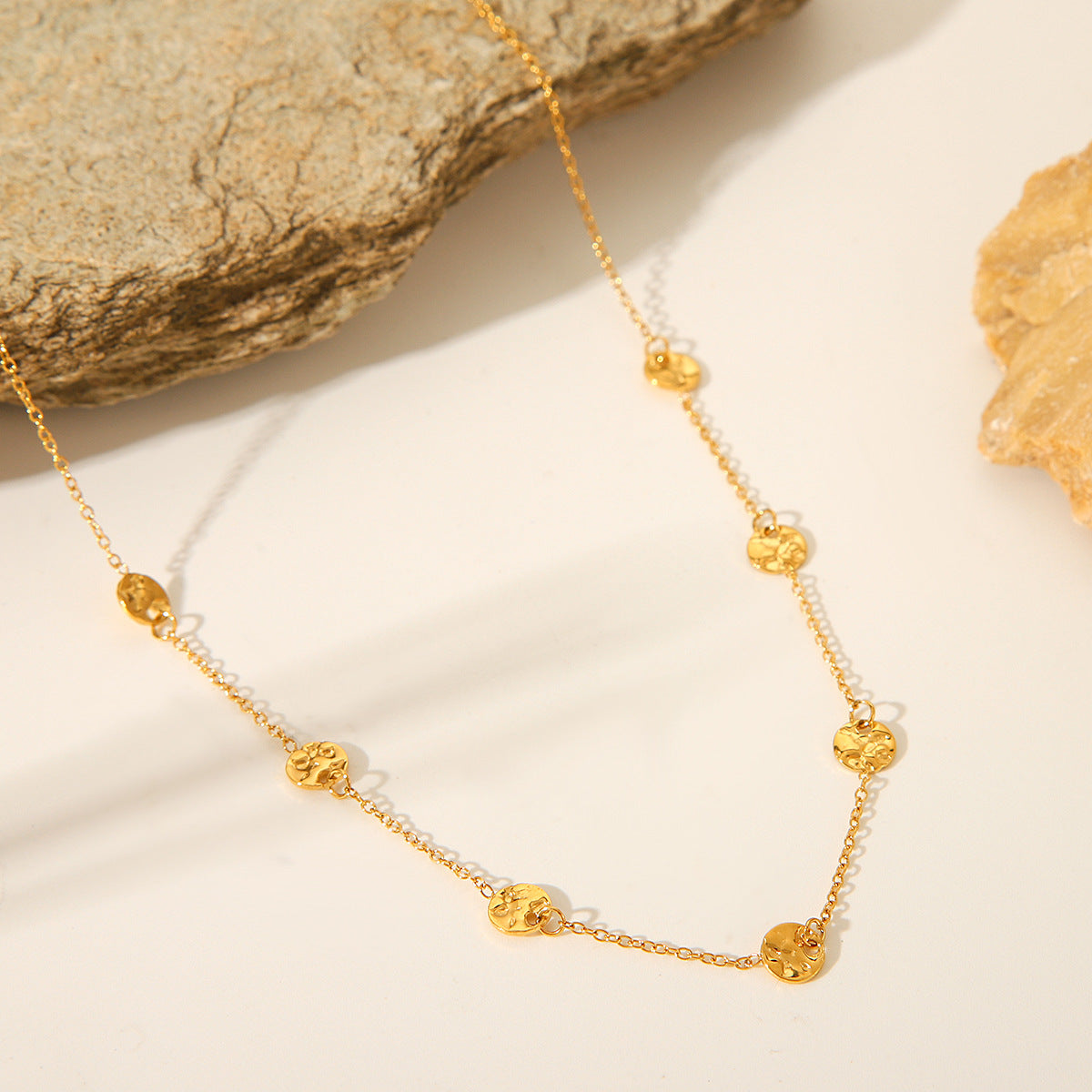 Minimalist 18K Gold Plated Hammered Geometric Round Stainless Steel Necklace for Women