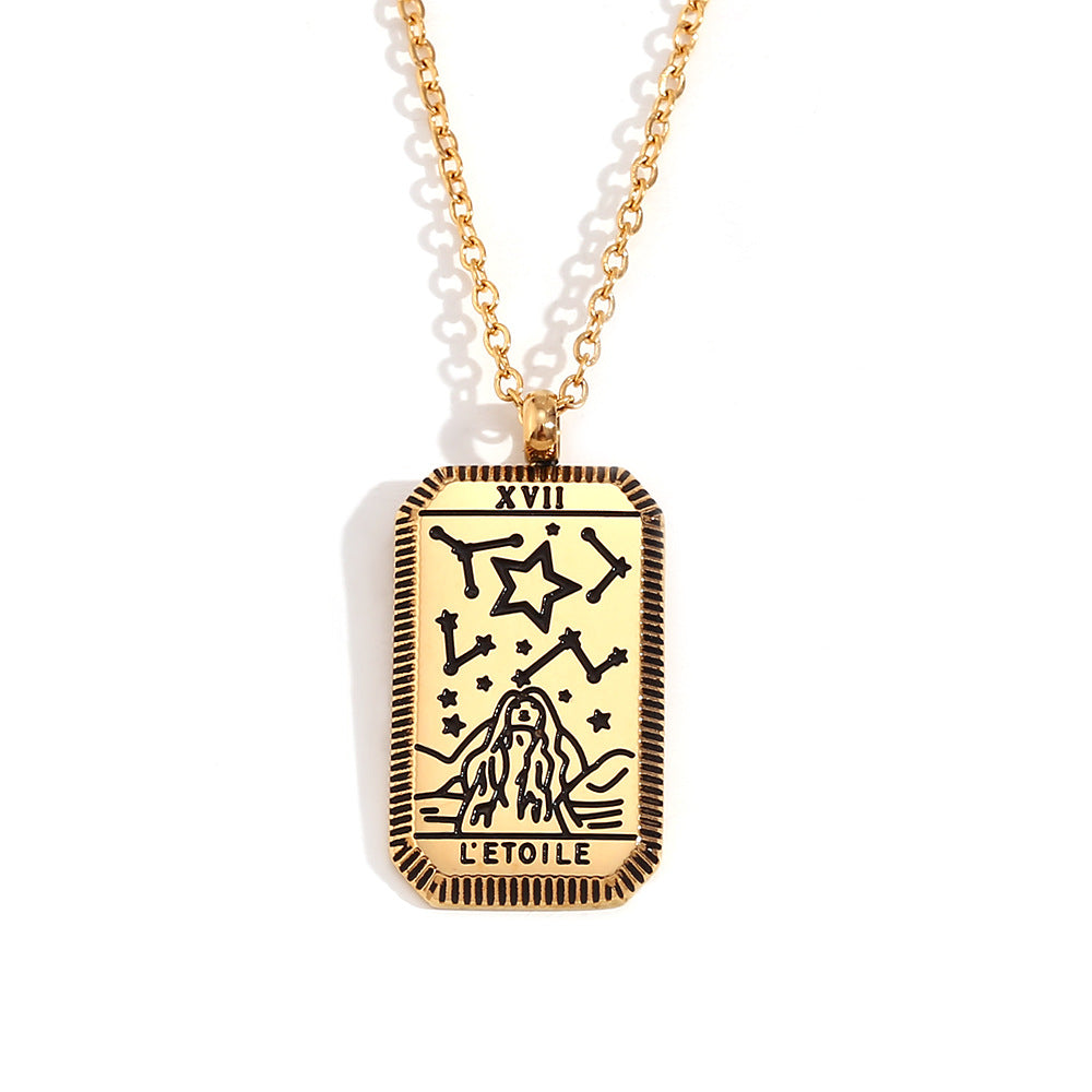 Collana con ciondolo quadrato minimalista a tarocchi da donna in acciaio al titanio con placcatura in oro 18 carati e design geometrico