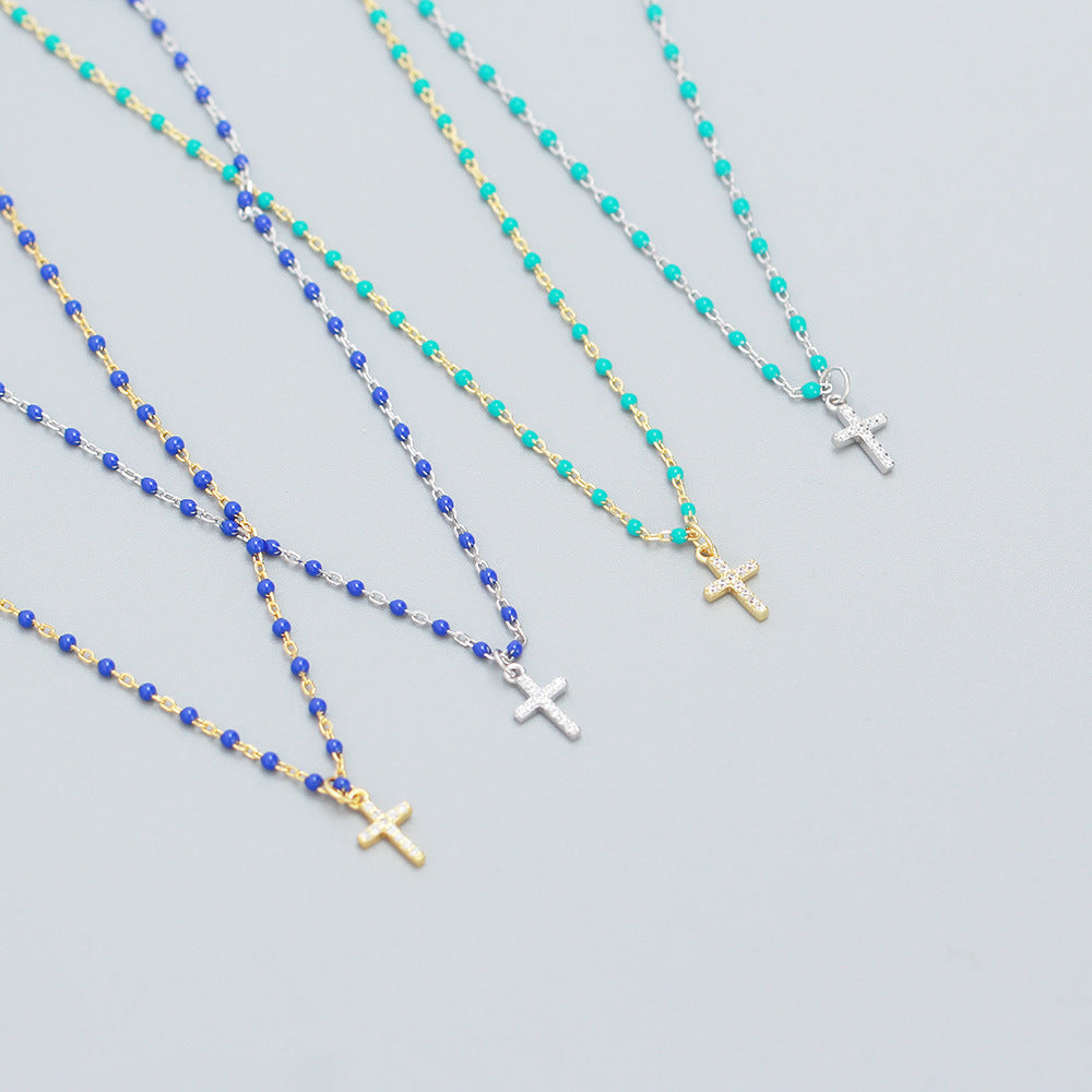 S925 Sterling Silver Cross Pendant Necklace with Rhinestone Inlay, Minimalist Luxury Design for Women, Resin Coated, Fashion Casual
