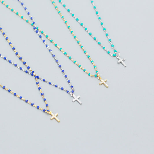 Collar con colgante de cruz de plata de ley 925 con incrustaciones de diamantes de imitación, diseño de lujo minimalista para mujer, recubierto de resina, moda casual