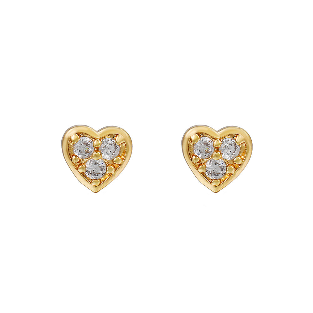Minimalist Elegant Gold Plated Brass Heart Earrings with Micro-Inlaid Cubic Zirconia