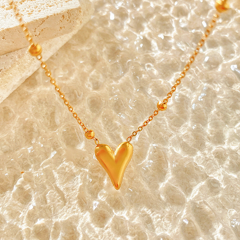 Minimalist Titanium Steel Heart Pendant Necklace with Beads