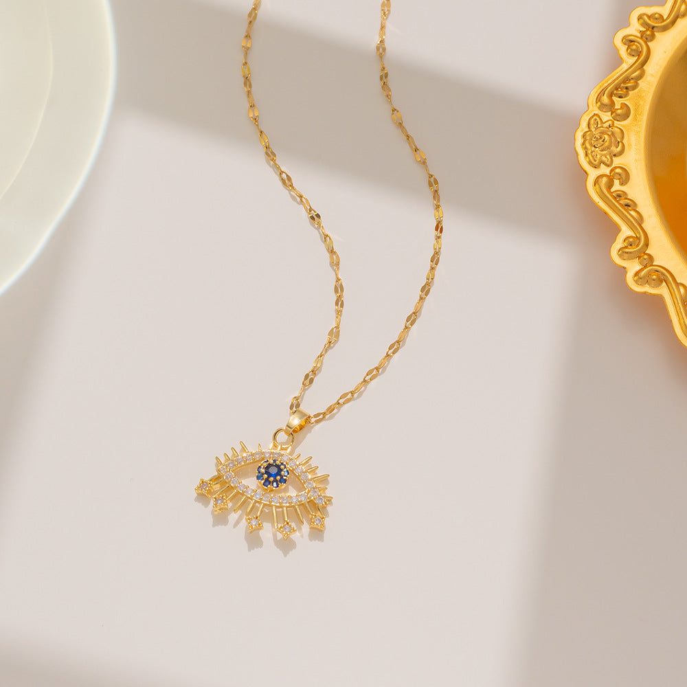 Collana con pendente a occhio in zircone micropavé in acciaio al titanio, minimalista e leggera, da donna con catena a onda