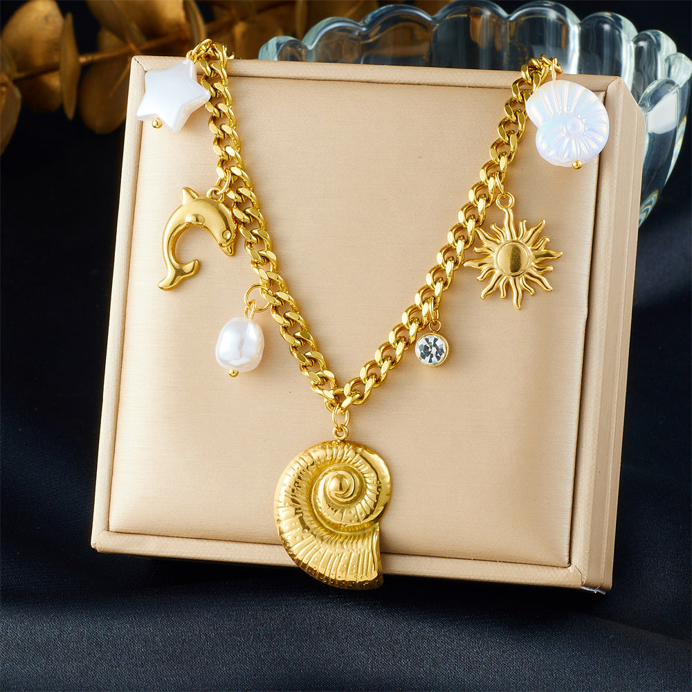 Minimalist Gold Plated Stainless Steel Animal Pendant Necklace with Conch and Dolphin Design for Women