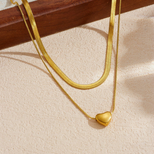 Vintage Minimalist Gold Plated Heart Stainless Steel Double Layer Snake Chain Necklace for Women