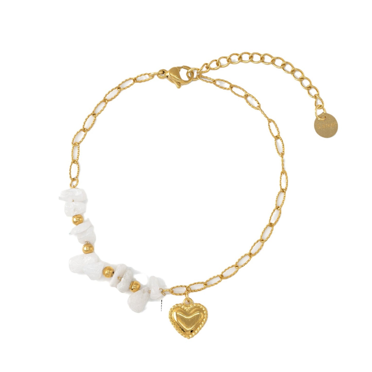 Set di bracciale, collana e anello da donna in acciaio inossidabile a forma di cuore, stile vintage, con pietre naturali e zirconi placcati