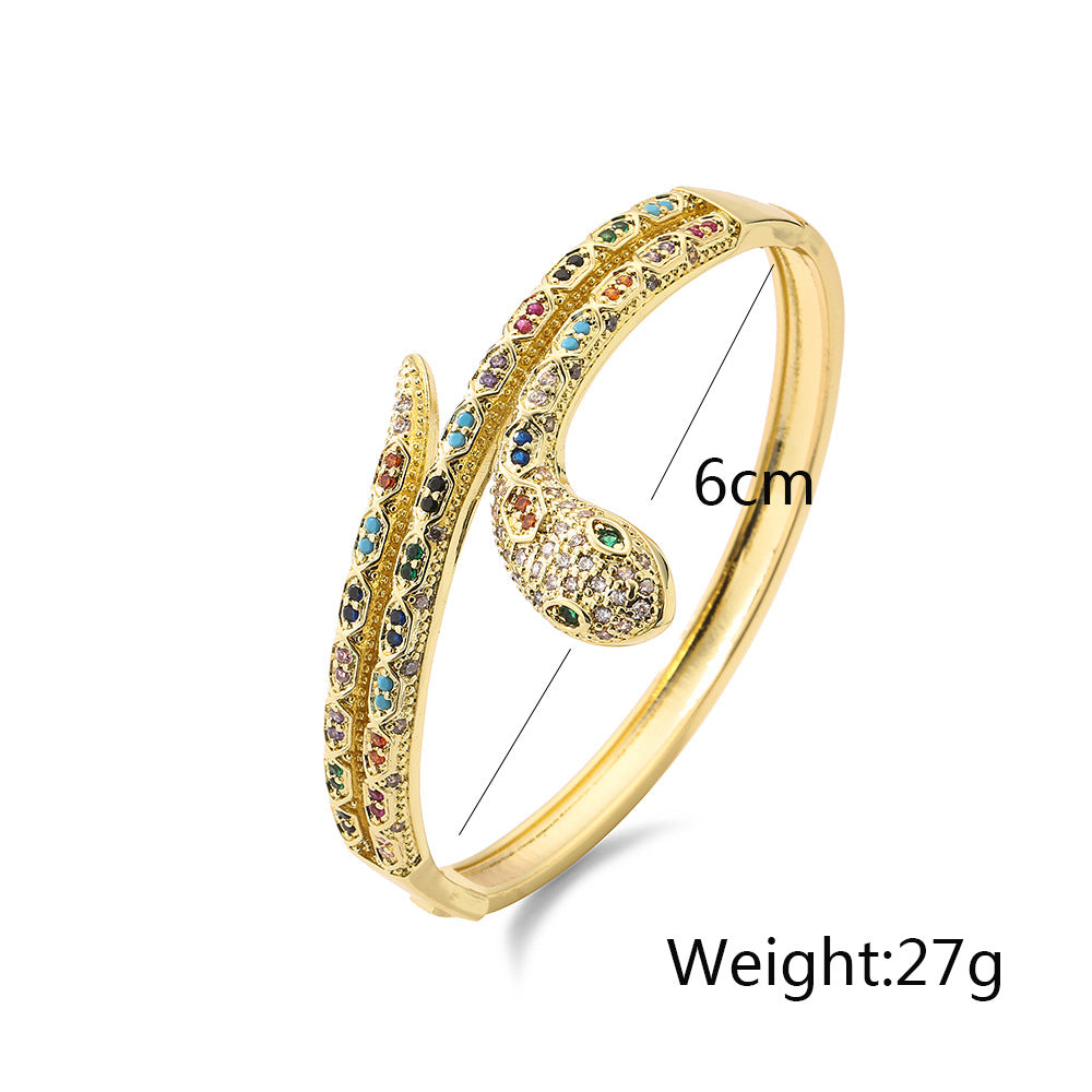 Minimalist Snake-Shaped Copper Bracelet with Real Gold Plating and Zircon Inlay for Women