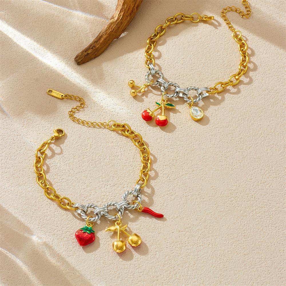 Bracciale pendente in smalto retrò ciliegia con motivi conchiglia, stella marina e granchio in acciaio inossidabile, bracciale di lusso da donna