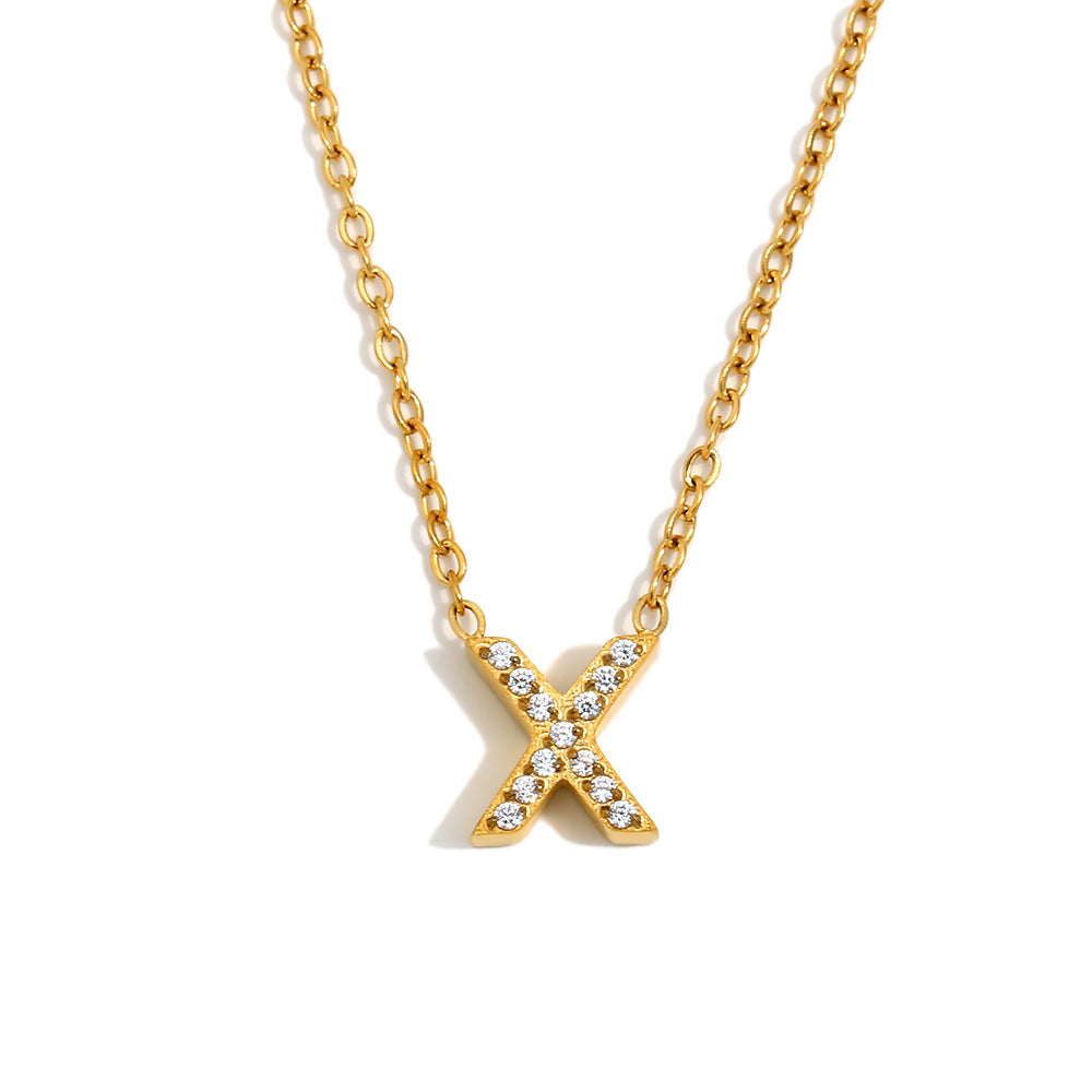 Minimalist Fashion Letter Pendant Necklace for Women Stainless Steel with 18K Gold Plating and Rhinestone Inlay