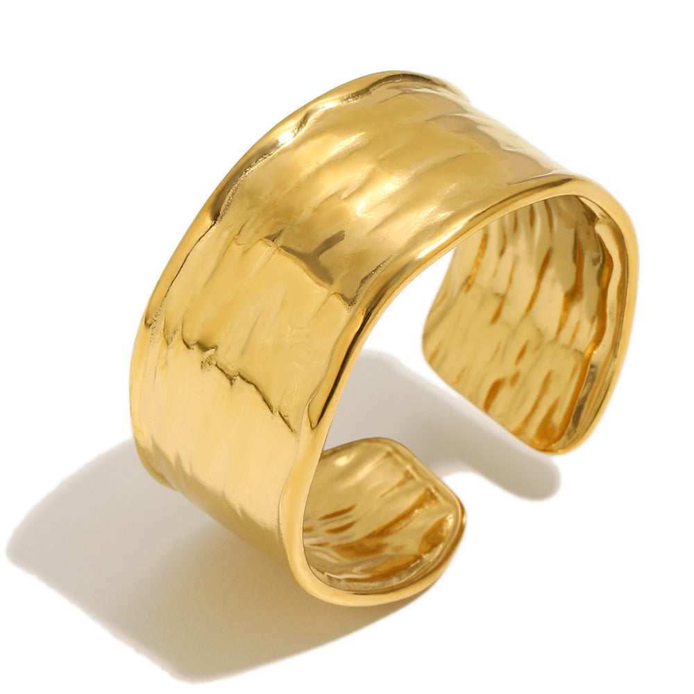 Minimalist 18K Gold Plated Geometric Hammered Textured Wide Band Open Ring for Women