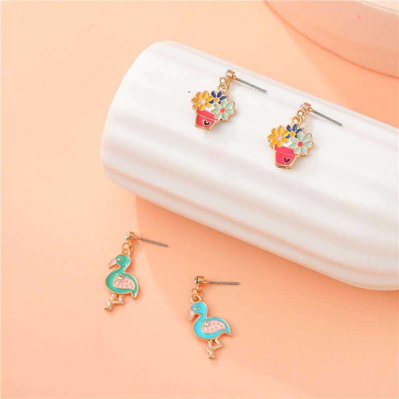 Cartoon Floral Bird Pendant Earrings for Girls Alloy Enamel Dangle Earrings Sweet Princess Style