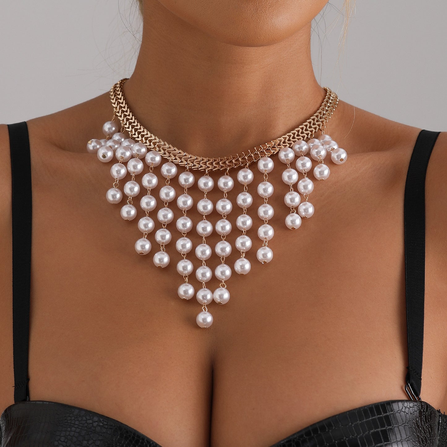 Fashionable Long Layered Pearl Tassel Necklace with Geometric and U-Shaped Pendant in Alloy with Plated Finish for Women
