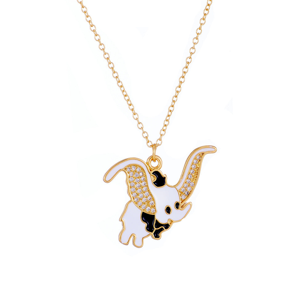 Collana pendente a forma di elefante minimalista da donna con base in rame e placcatura in oro 18 carati, finitura smaltata e intarsio in zirconi