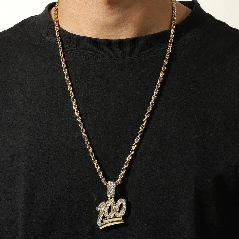 Geometric Titanium Steel Pendant Necklace with Rhinestone Inlay and Box Chain for Men